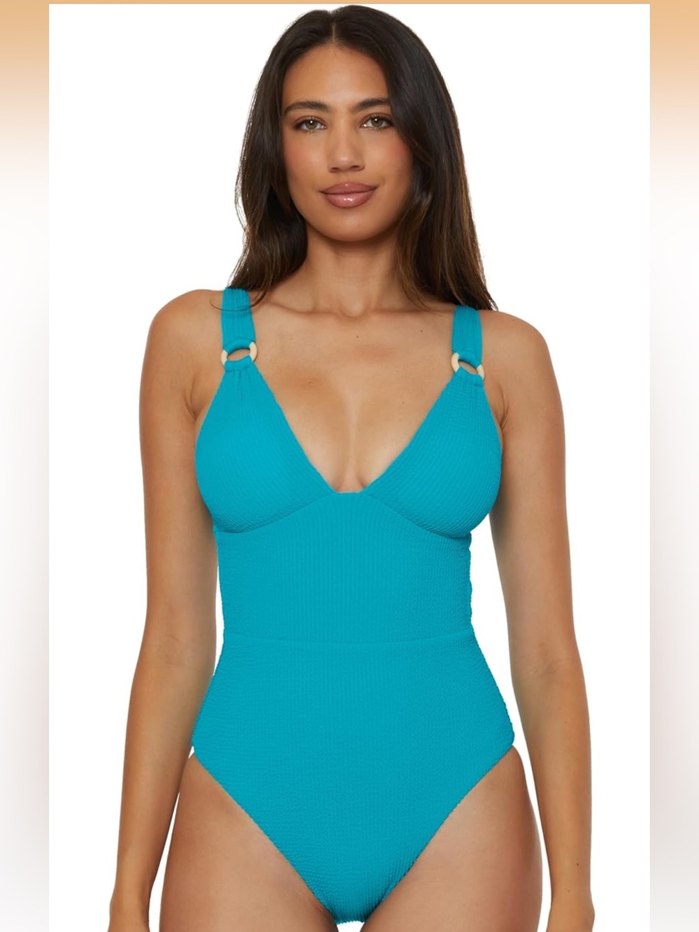 Lucky Brand Valencia Teal Ribbed One-Piece with Ring Straps V-neck